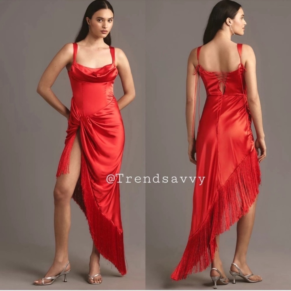 Anthropologie For Love & Lemons Anisa Red Fringe Asymmetrical Midi Party Dress S